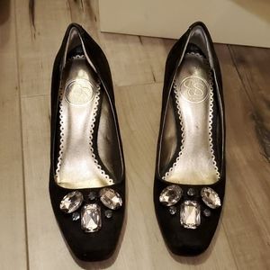 Rhinestone black suede wedged pumps